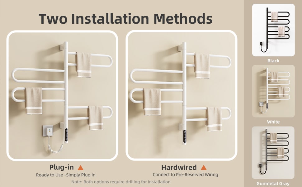 SIOYIE Electric Towel Warmer 180° Rotating Heated Towel Rack With 1-9H Timer 115℉-155℉,135W Wall-Mounted 8 Bars Electric Towel Rail, Concealed Installation,Towel Warmer For Bathroom White_voghion.com
